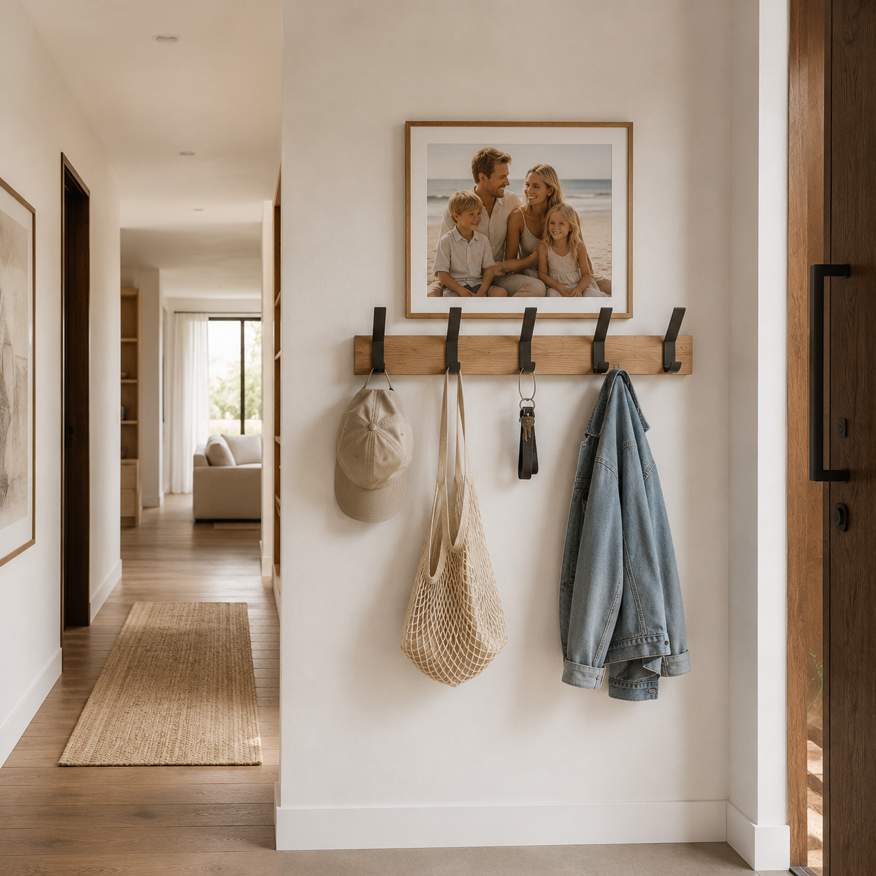Berg Nordic wall-mounted coat rack in rubberwood with adjustable hooks, minimalist Scandinavian design