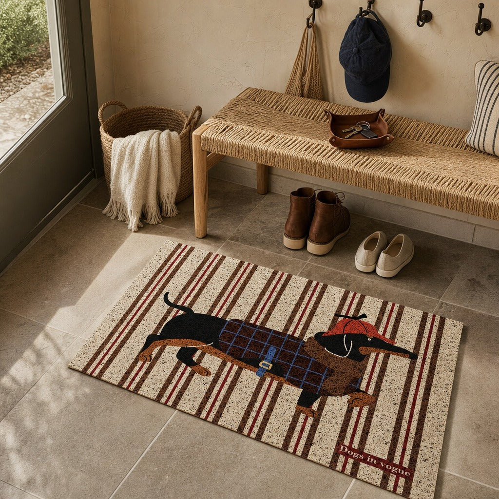 A rectangular entryway rug with a dachshund wearing a red Santa hat and plaid coat, placed on a tiled floor in front of a woven bench and doorway.