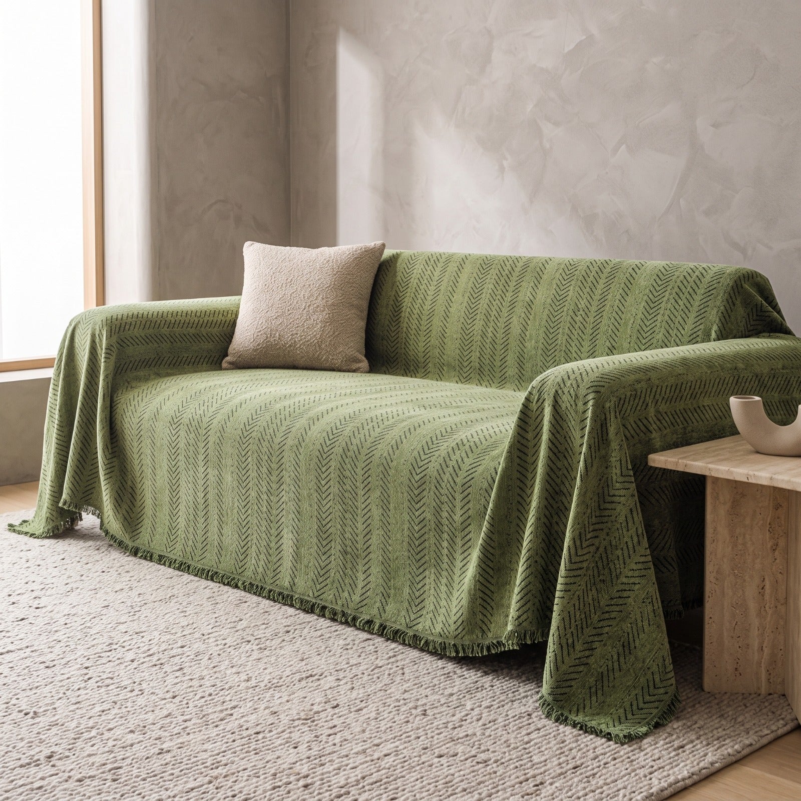 An olive green textured throw blanket with a chevron pattern draped over a sofa in a modern living room setting, accompanied by a neutral beige pillow and a wooden side table.