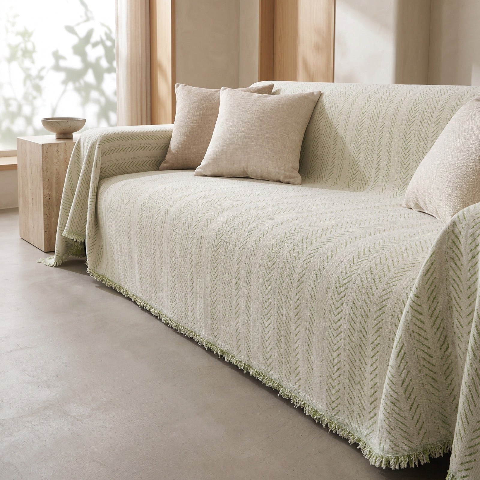 A cream-colored textured throw blanket with a chevron pattern and fringe trim draped over a sofa in a bright, modern living room setting.