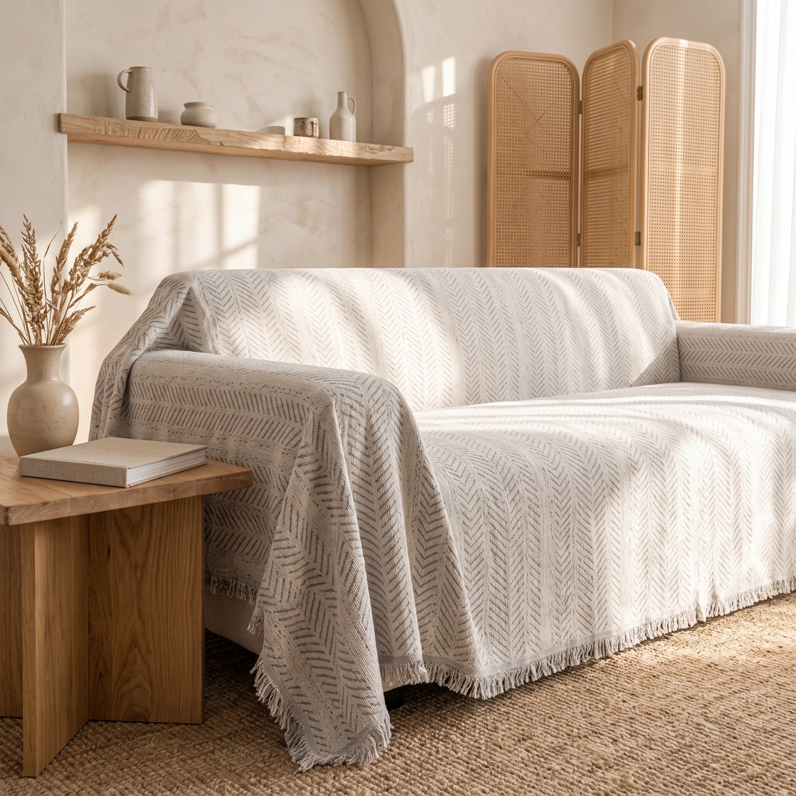 A light beige throw blanket with a textured chevron pattern and fringe edges draped over a sofa in a warm, sunlit living room.
