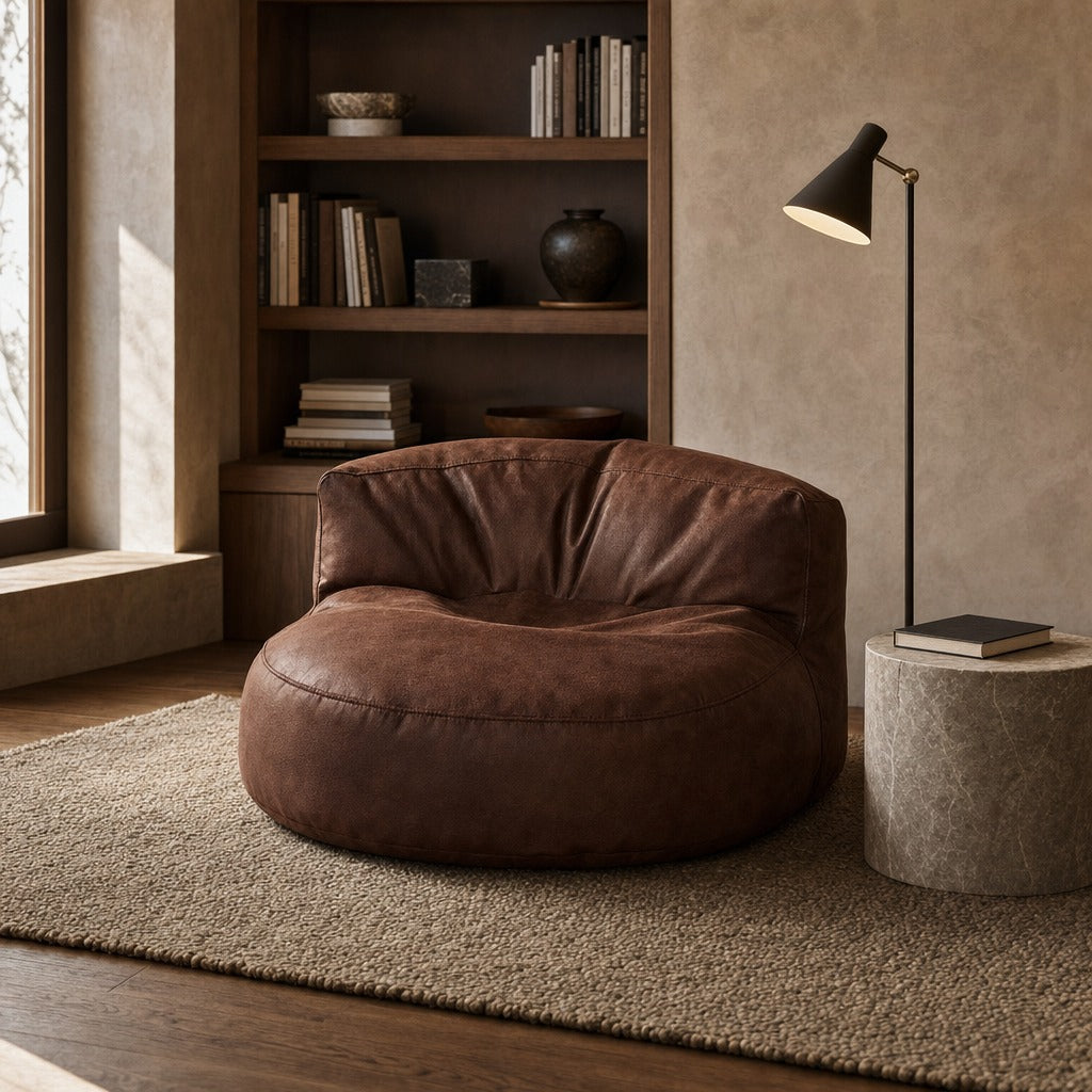 A round, low-profile brown leather or faux-leather lounge chair sits on a textured beige rug in a styled room with a wooden bookshelf, floor lamp, and stone side table.
