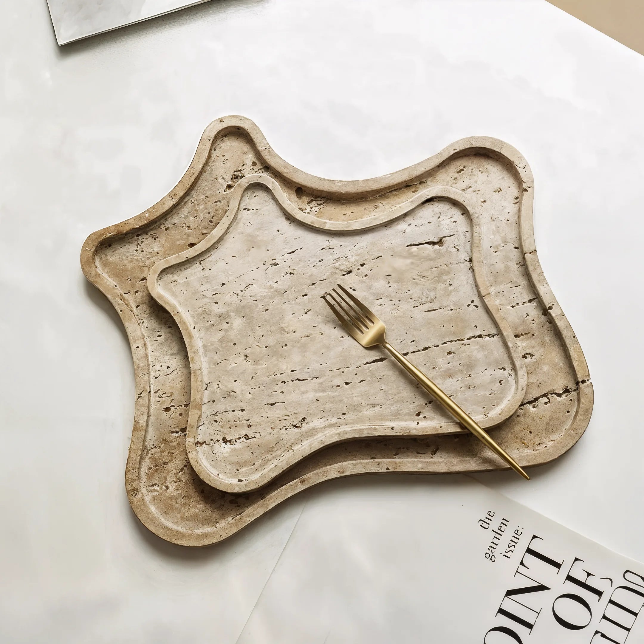 Elegant Travertine Marble Tray Set | Unique Organic Design for Stylish Serving 1