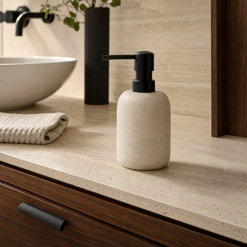 A textured cream-colored soap dispenser with a matte black pump bottle, set on a beige stone countertop in a modern bathroom setting.