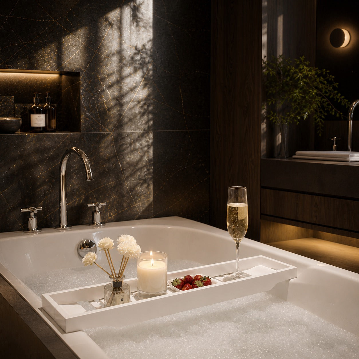 A luxury white bathtub filled with bubbly bathwater in a dark, modern bathroom. A white tray in the tub holds a lit candle, a small vase with dried white flowers, strawberries, and a filled champagne flute.