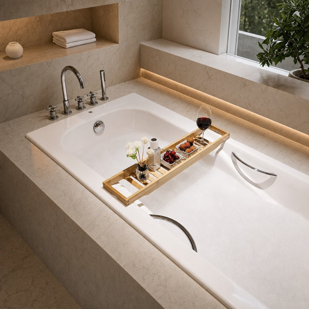 A luxury white rectangular bathtub set in a beige marble bathroom, featuring a wooden bath tray with a glass of red wine, bath salts, and flowers, set against a warm, modern background.