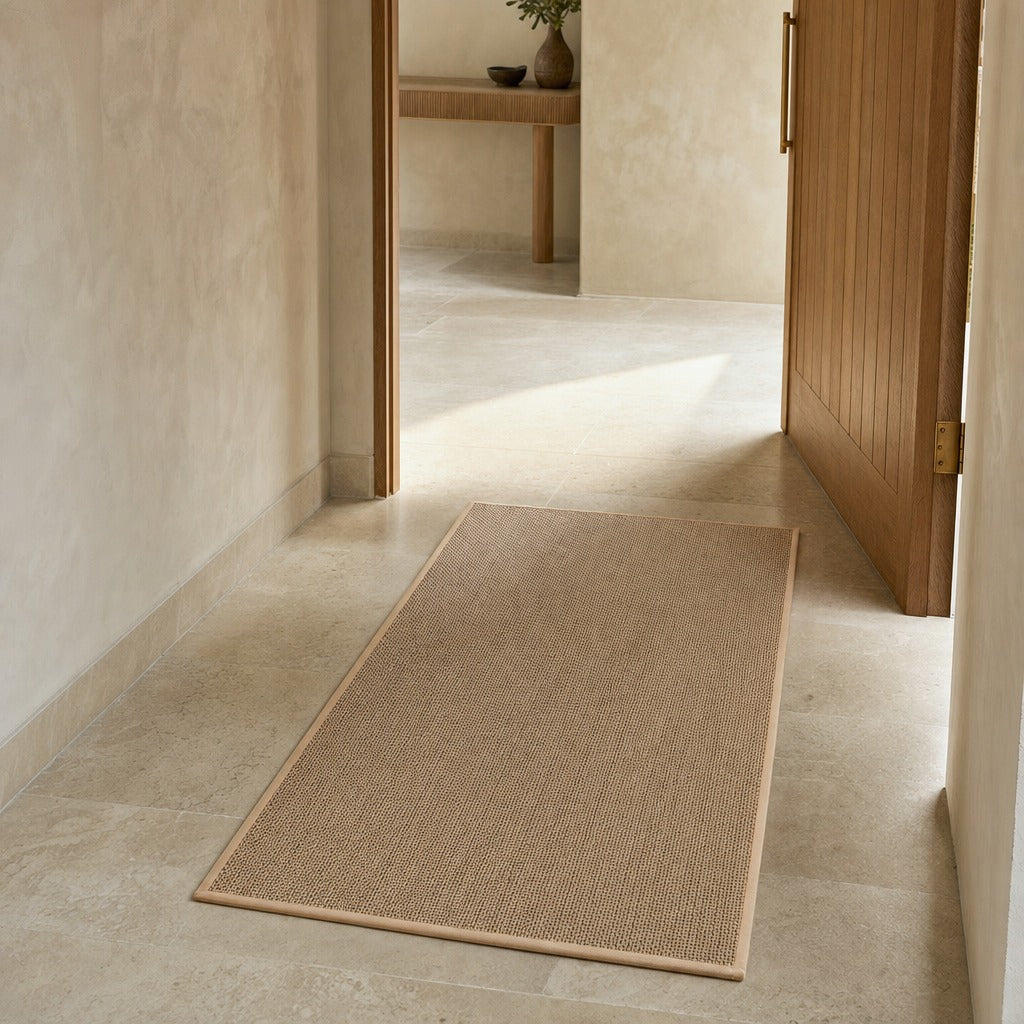 A rectangular woven entryway mat in a natural tan color, shown on a light stone tile floor in a minimalist hallway with a wooden door open in the background.