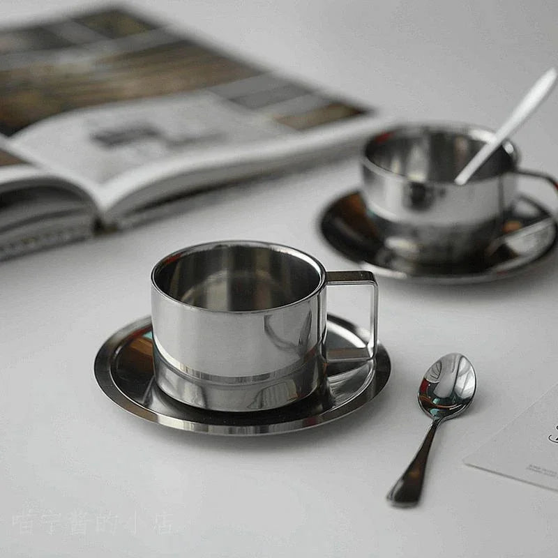 Stainless Steel Coffee Mug Set with Tray & Spoon | Modern Design for Temperature Retention 2