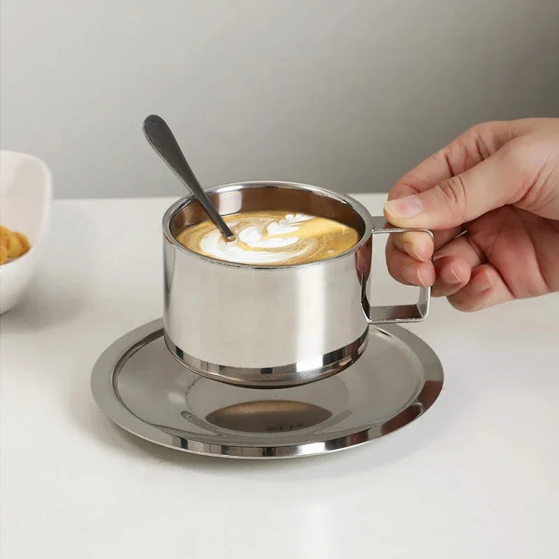 Stainless Steel Coffee Mug Set with Tray & Spoon | Modern Design for Temperature Retention 3
