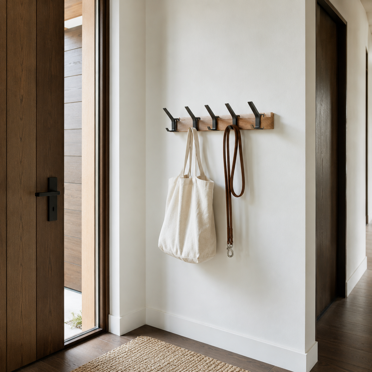 Berg Nordic wall-mounted rubberwood coat rack with adjustable hooks for entryway organisation
