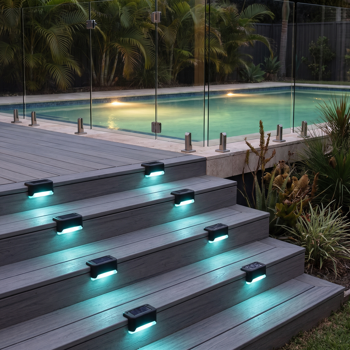 Abbi RGB solar step lights hooked over composite deck stairs beside a pool