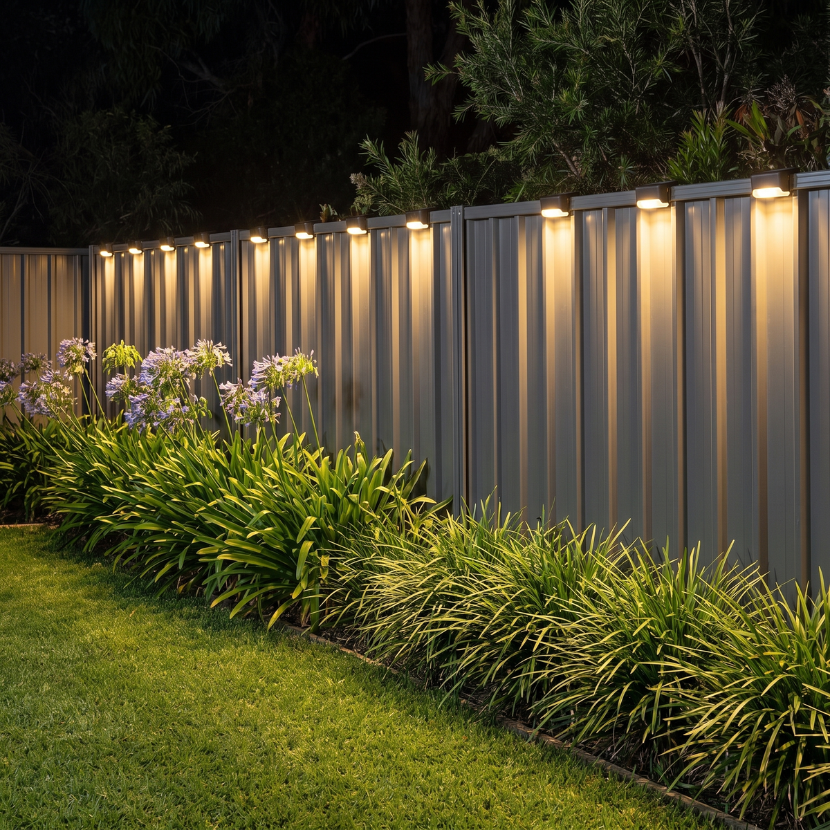 Abbi solar fence lights washing warm light down a backyard metal fence