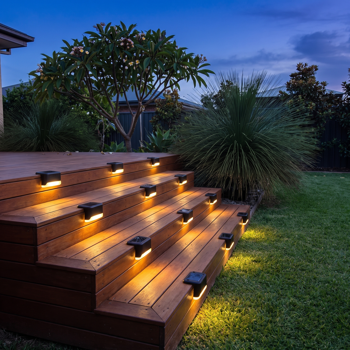 Abbi solar step lights hooked over the edge of timber deck steps, warm white
