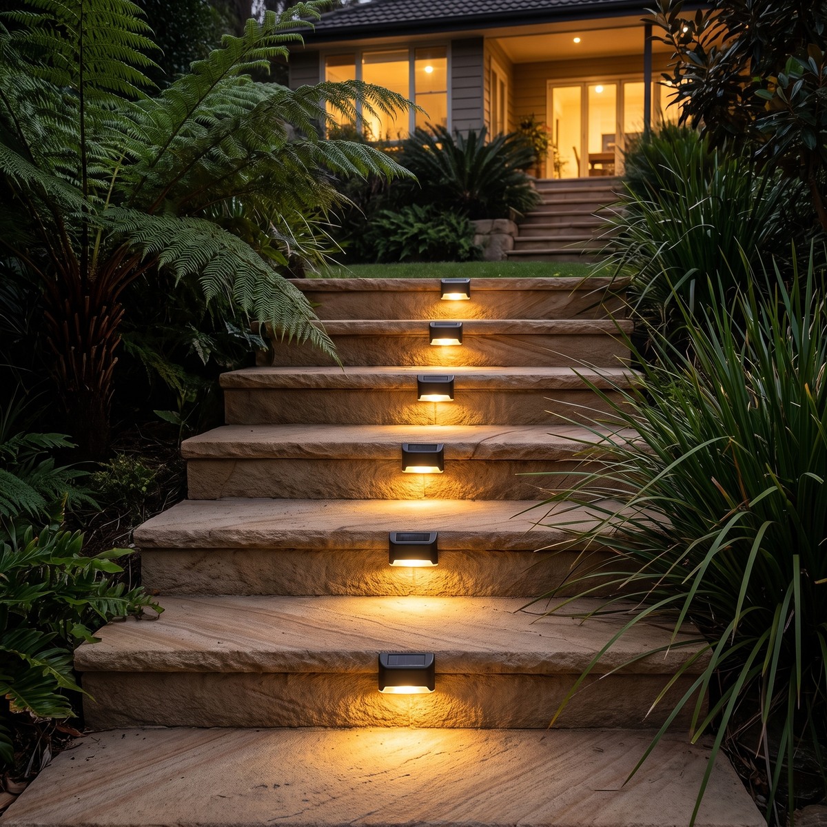 Abbi solar step lights in warm white on sandstone garden steps at night
