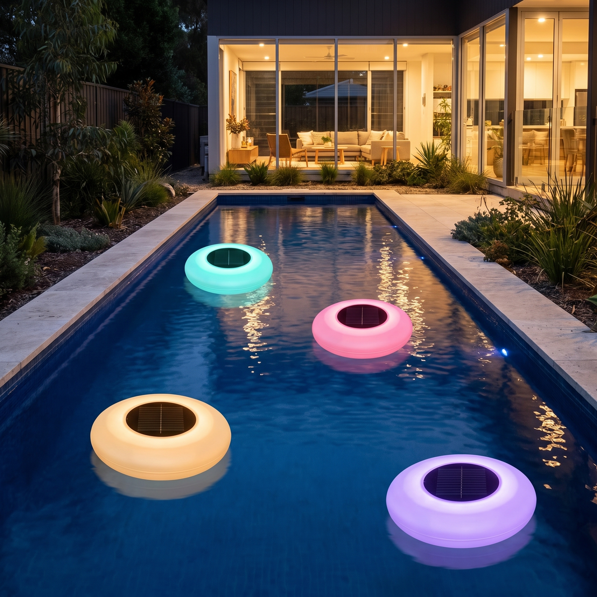 Four Agua floating solar pool lights glowing in different colours in a travertine lap pool at night