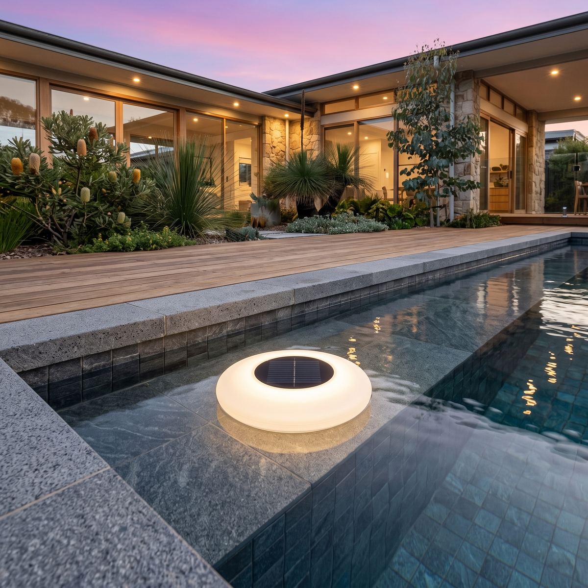 Agua floating solar pool light glowing on the entry step of a beach house pool at dusk