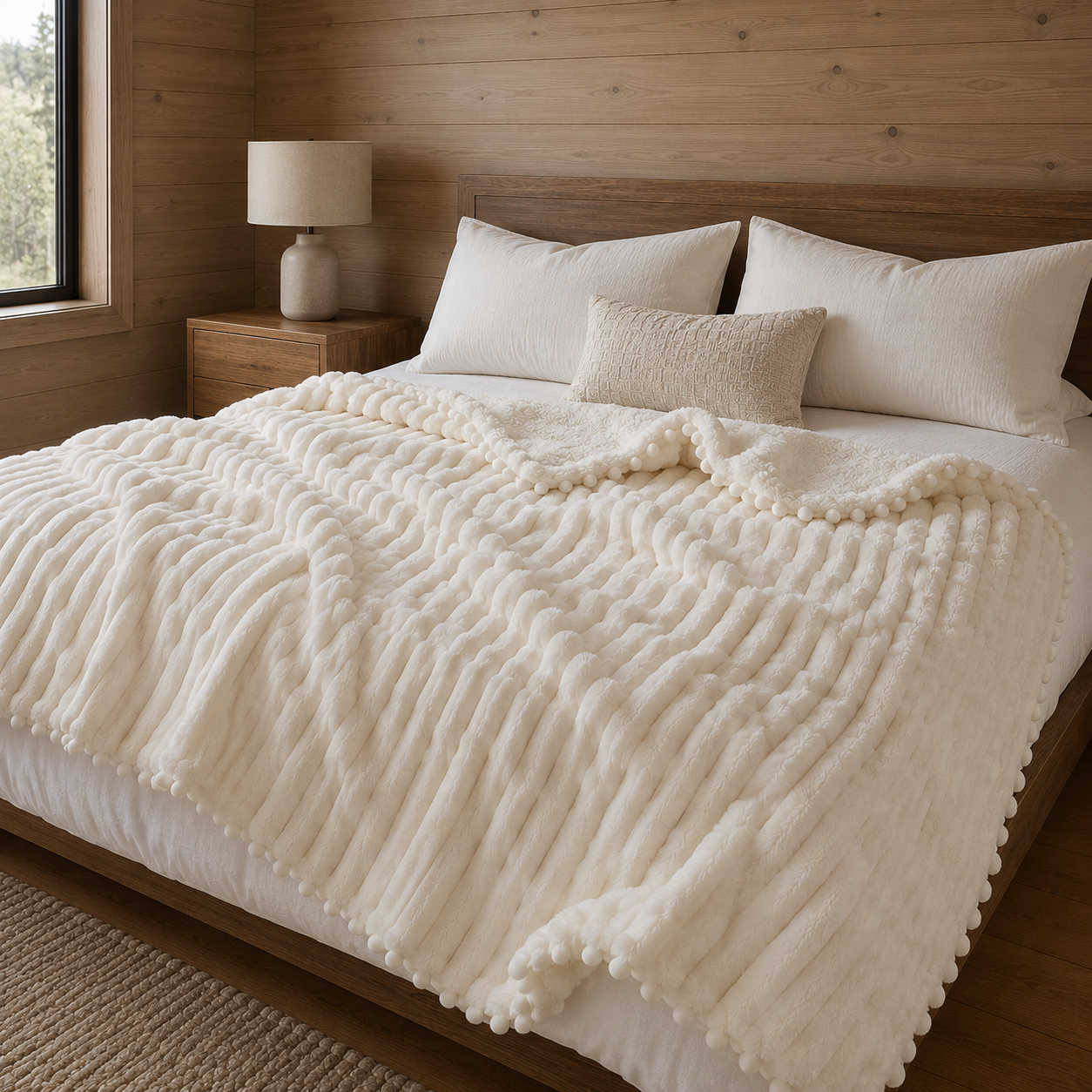 Albury Reversible Faux Fur & Lamb's Wool Blanket draped over a bed for extra warmth
