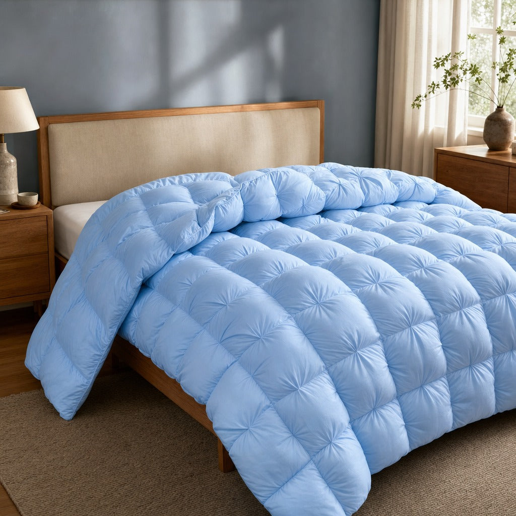 Alira goose down duvet in blue on a timber bed in a light coastal bedroom