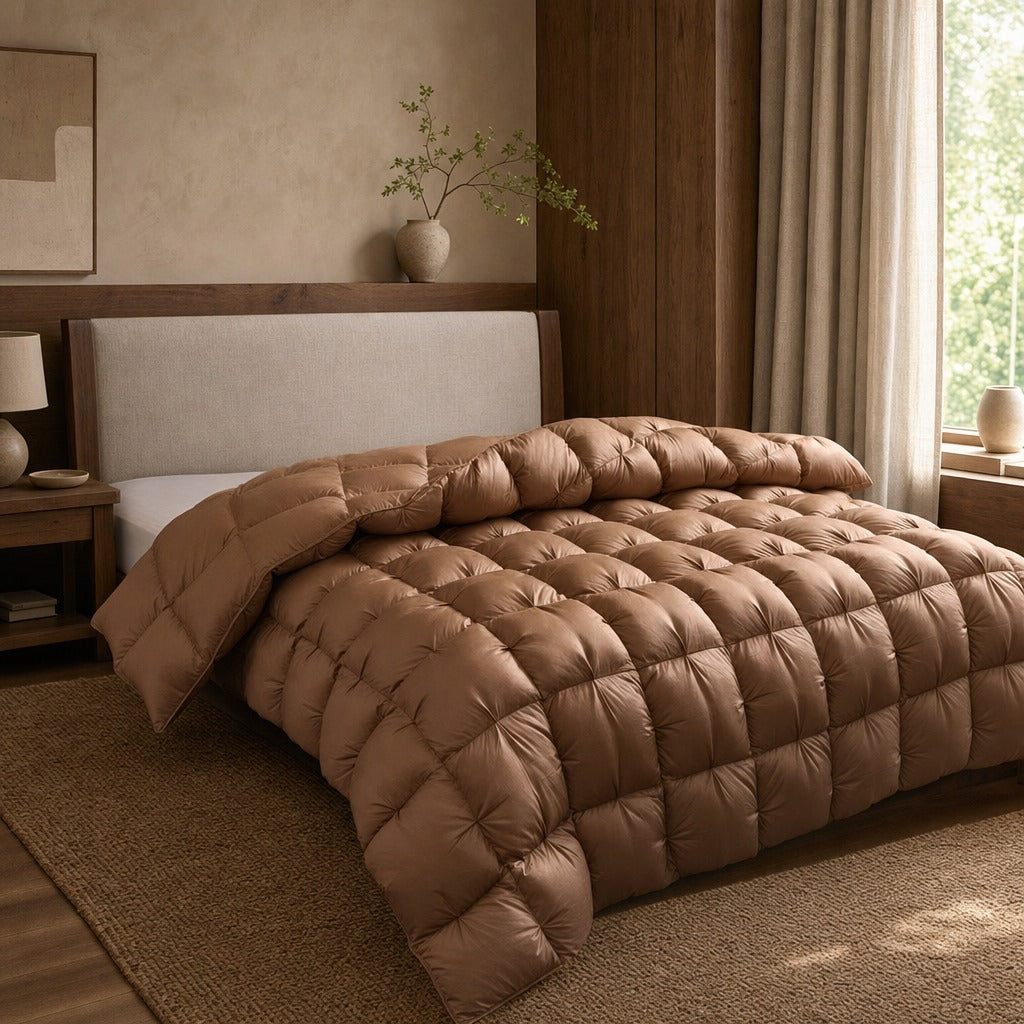 Alira goose down duvet in brown on a bed in a warm timber-panelled bedroom