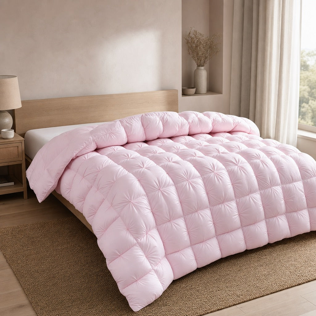 Alira goose down duvet in pink on an oak bed in a soft neutral bedroom