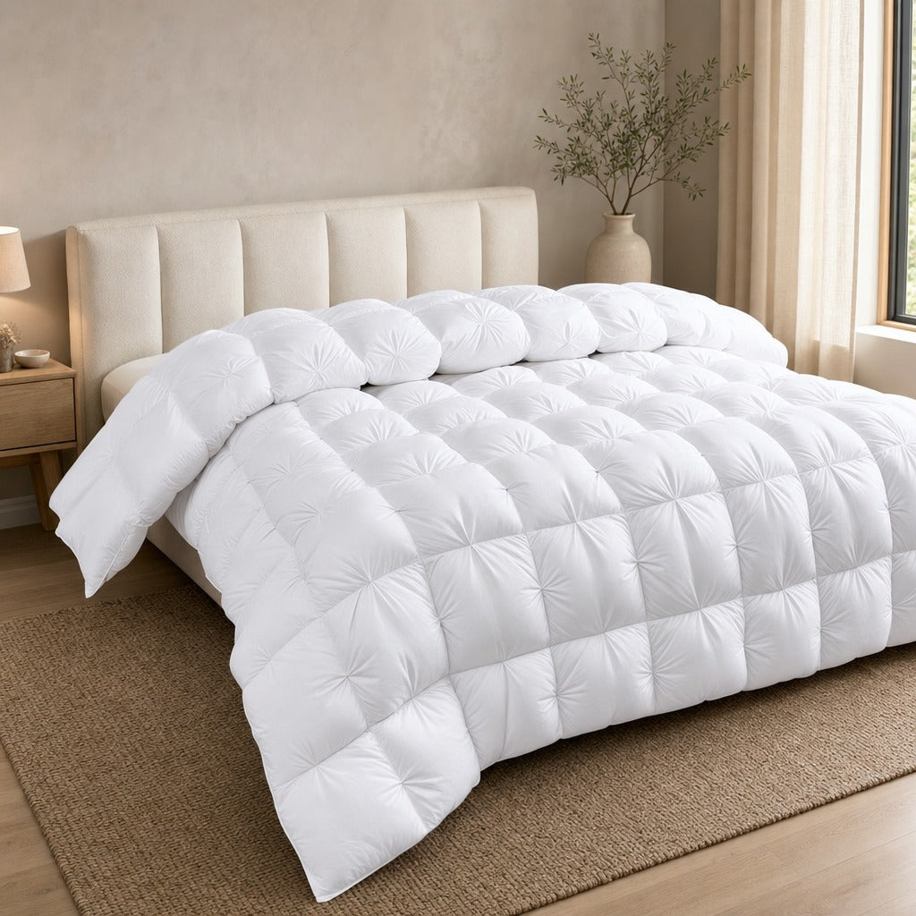 Alira goose down duvet in white on a bed with a cream panelled bedhead and jute rug