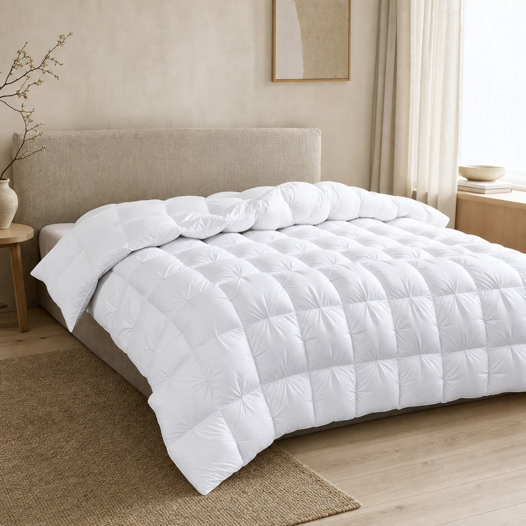 Alira lightweight goose down duvet in white on a linen upholstered bed in a beige bedroom