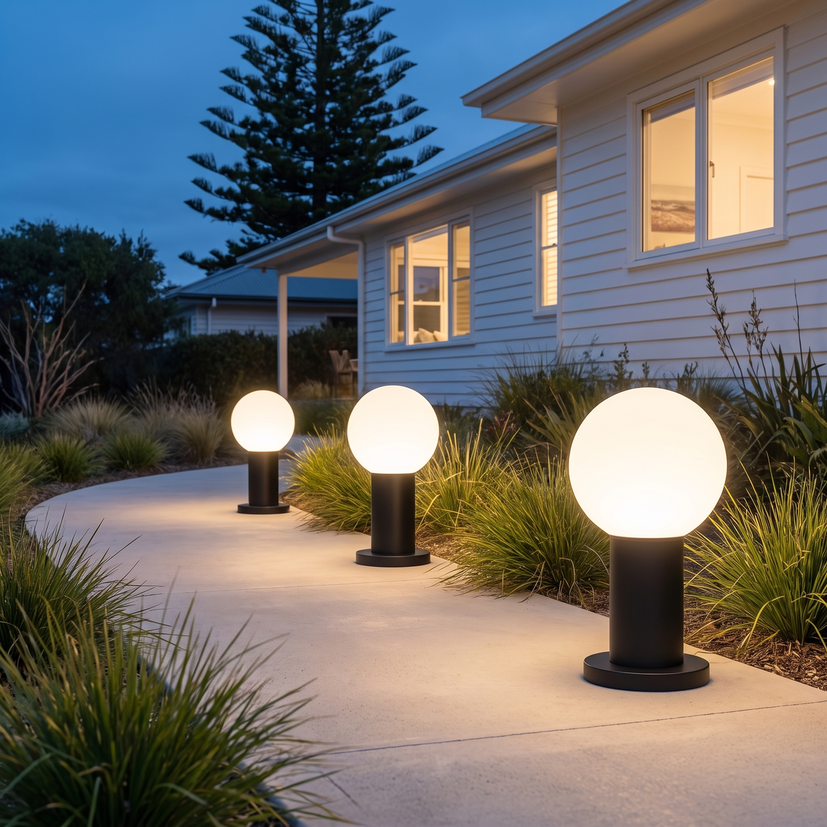 Three short Allen LED bollard lights glowing along a curved concrete path to a white beach house at dusk