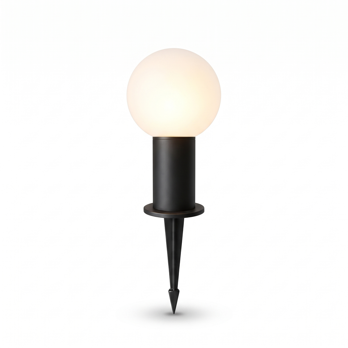 Allen LED bollard light, 25.4cm with opal globe and ground spike, on a white background