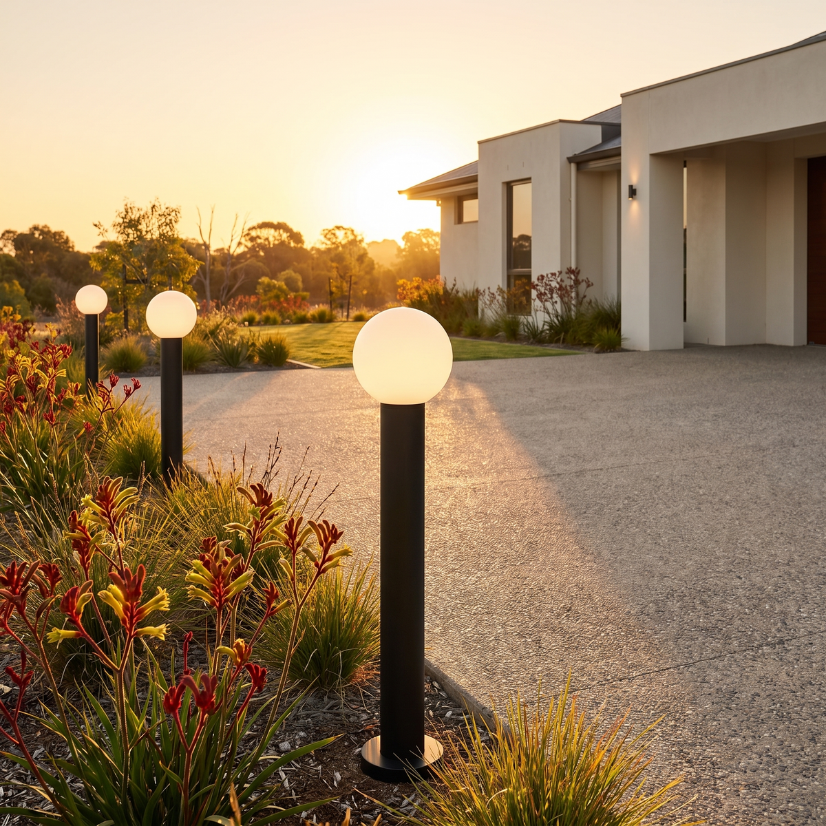 Tall Allen LED bollard lights lining the driveway of a rendered modern home with kangaroo paw at sunset