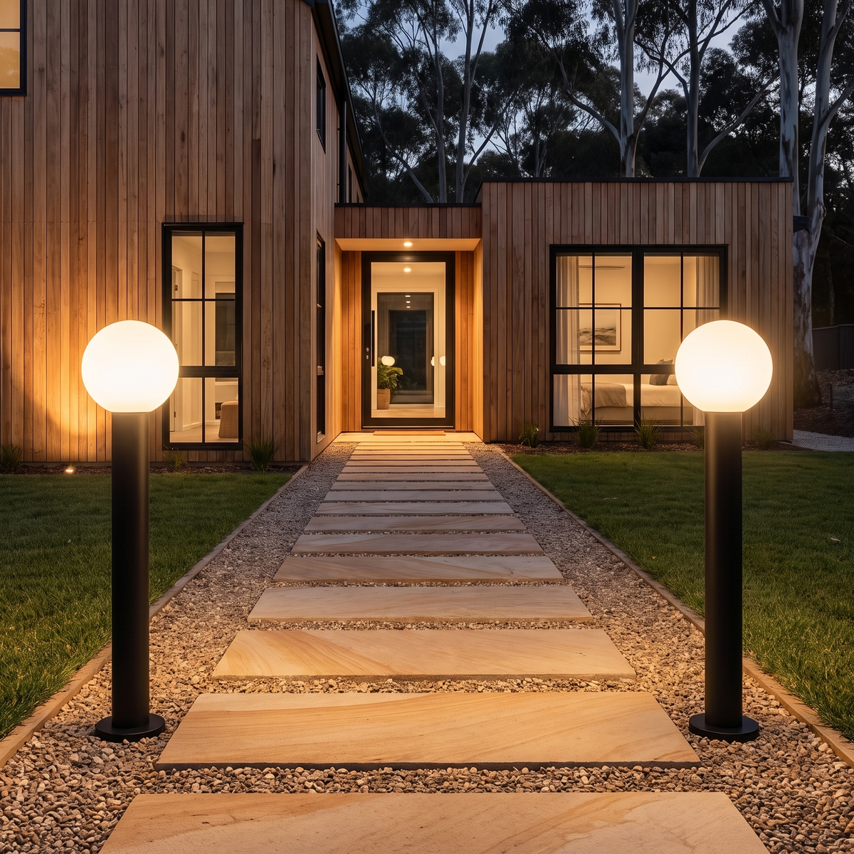 Two 80cm Allen LED bollard lights flanking a sandstone stepping-stone path to a hinterland home at night