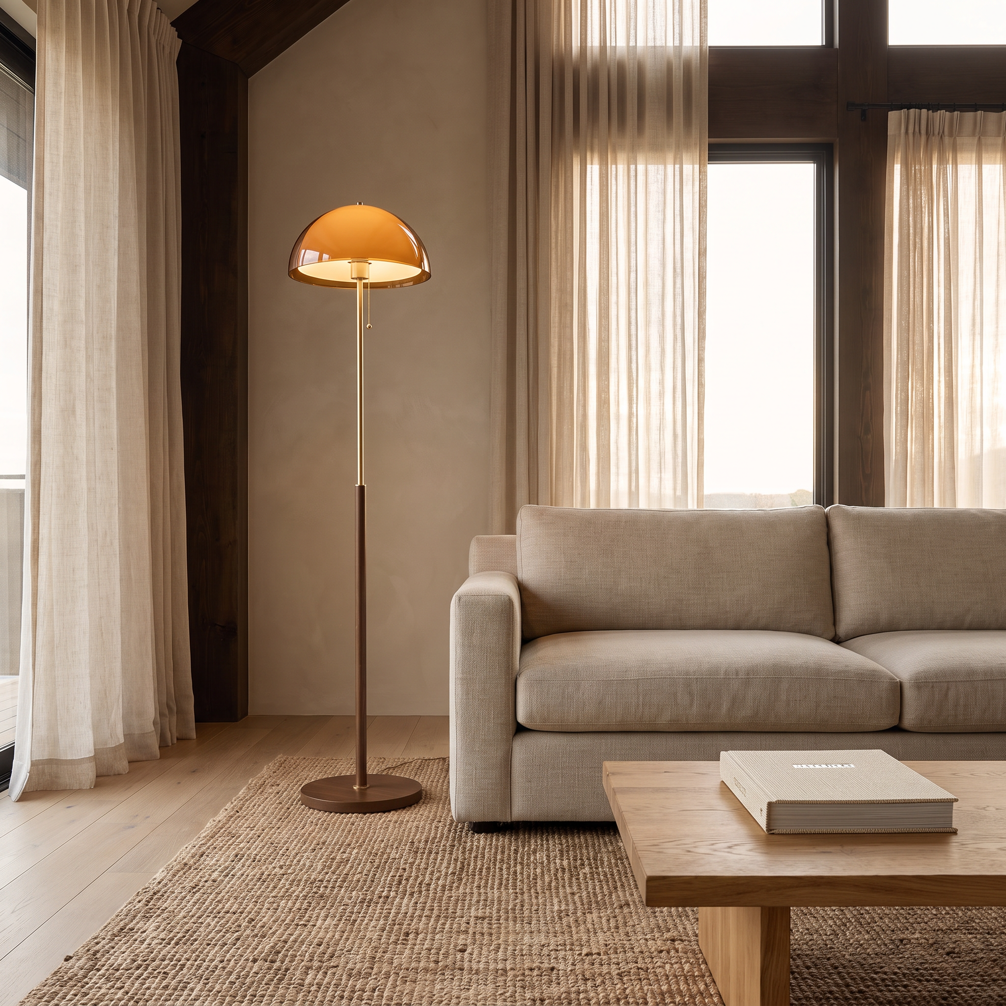 Caroline retro amber dome floor lamp with gold stem beside a sofa in a coastal-Scandinavian living room