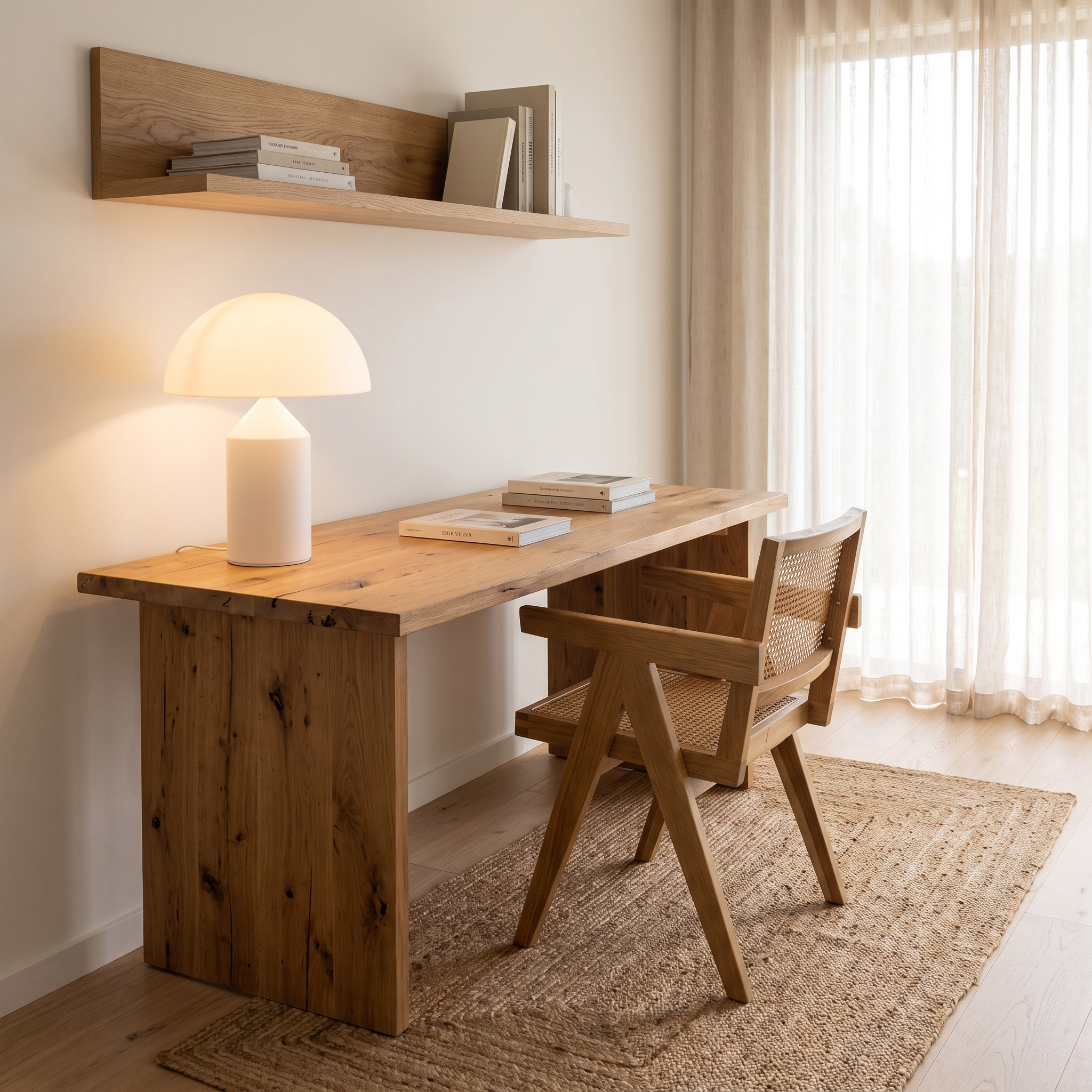 Moa white cordless mushroom table lamp on an oak desk in a Scandinavian home office