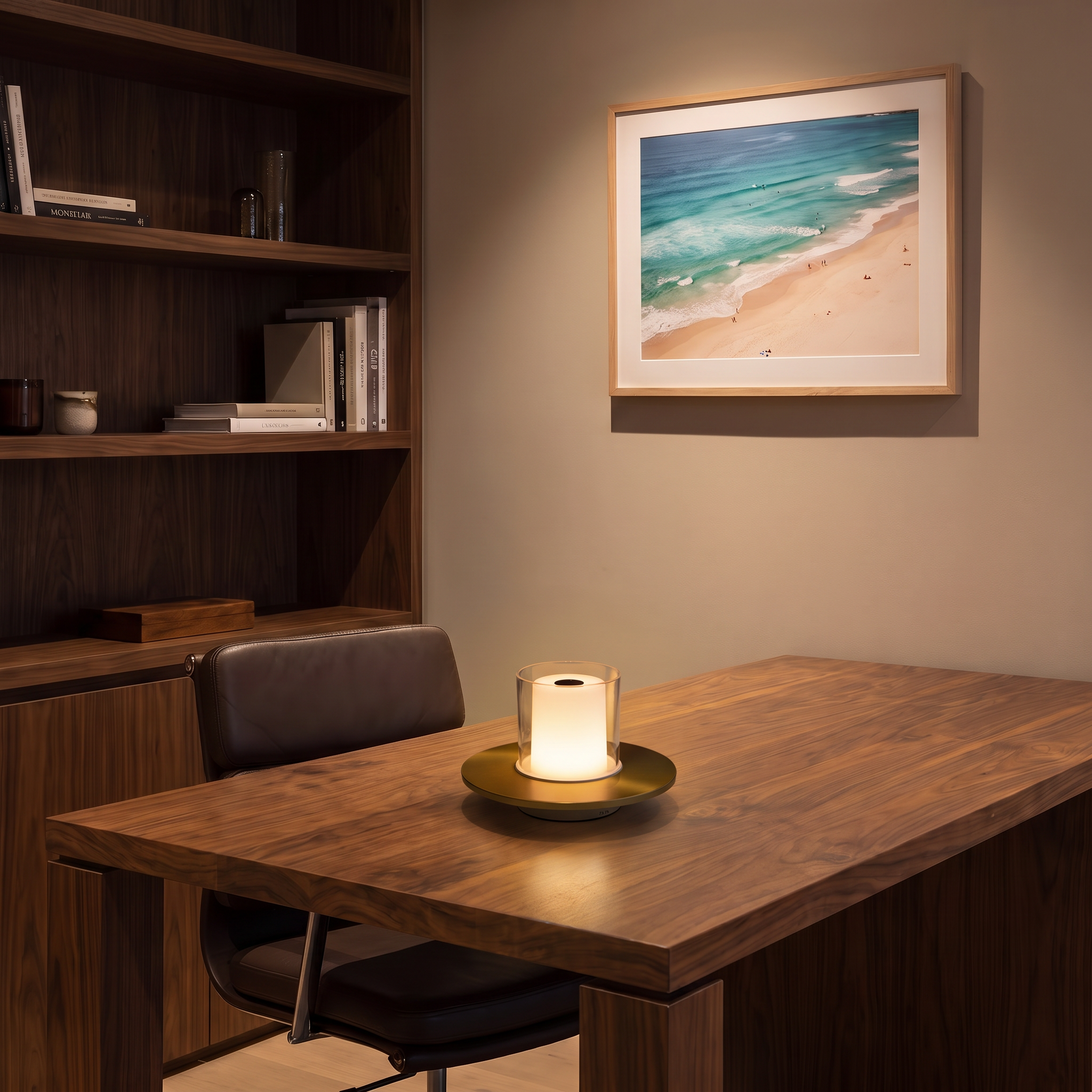 Sofia gold cordless LED candle table lamp on a walnut desk in a sophisticated home office
