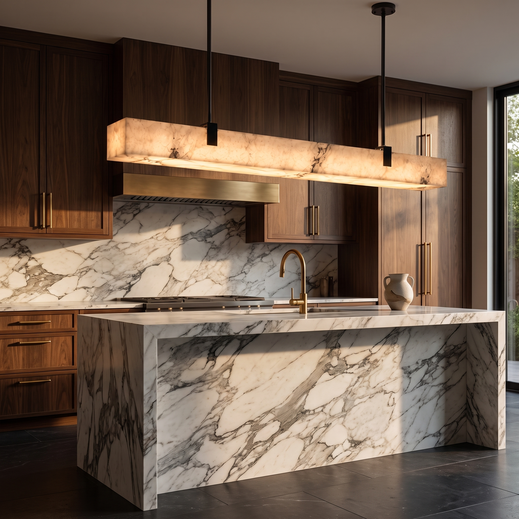 Suka linear faux-marble pendant light over a veined marble waterfall kitchen island