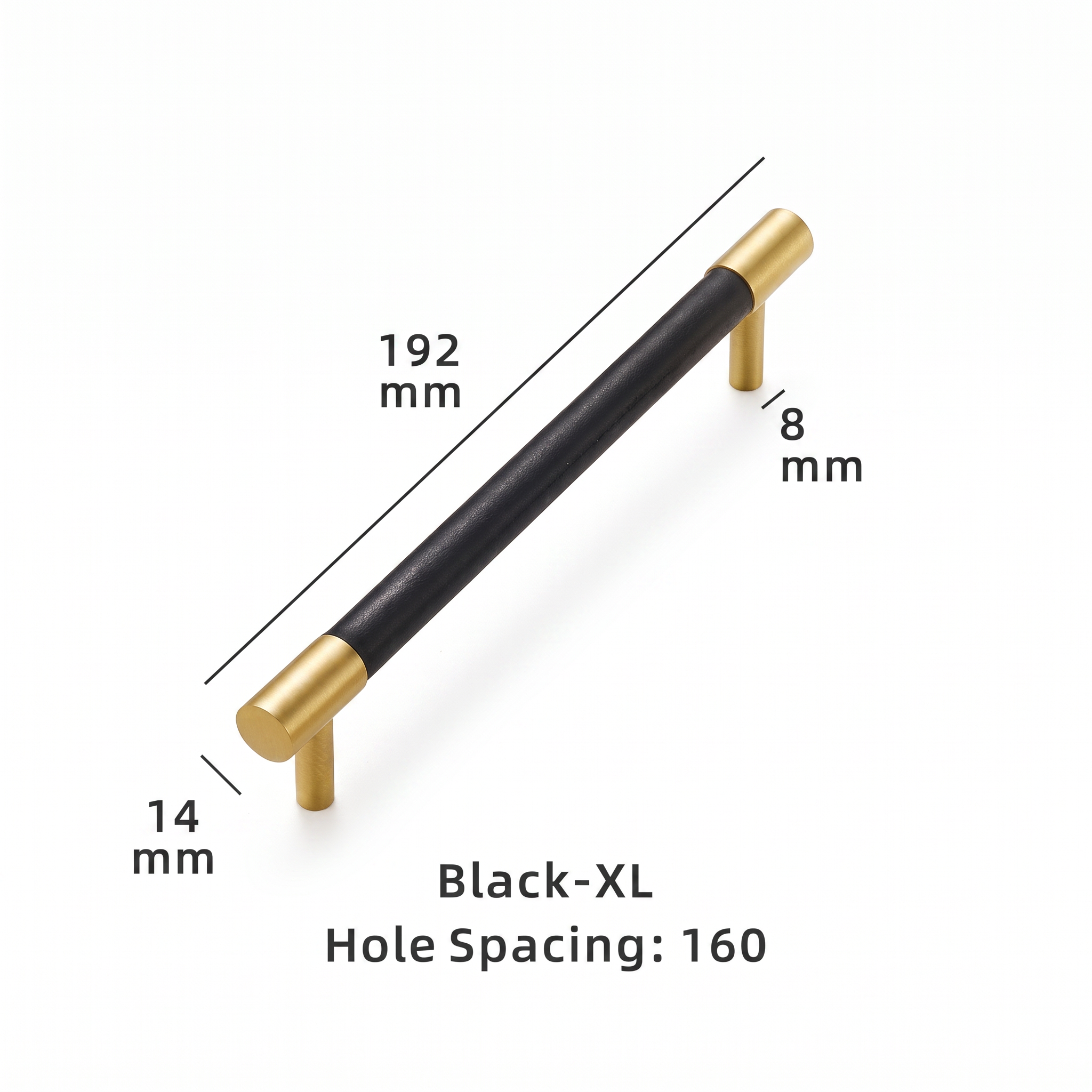 Swansea leather-wrapped brass cabinet handle dimensions in millimetres on a plain white background