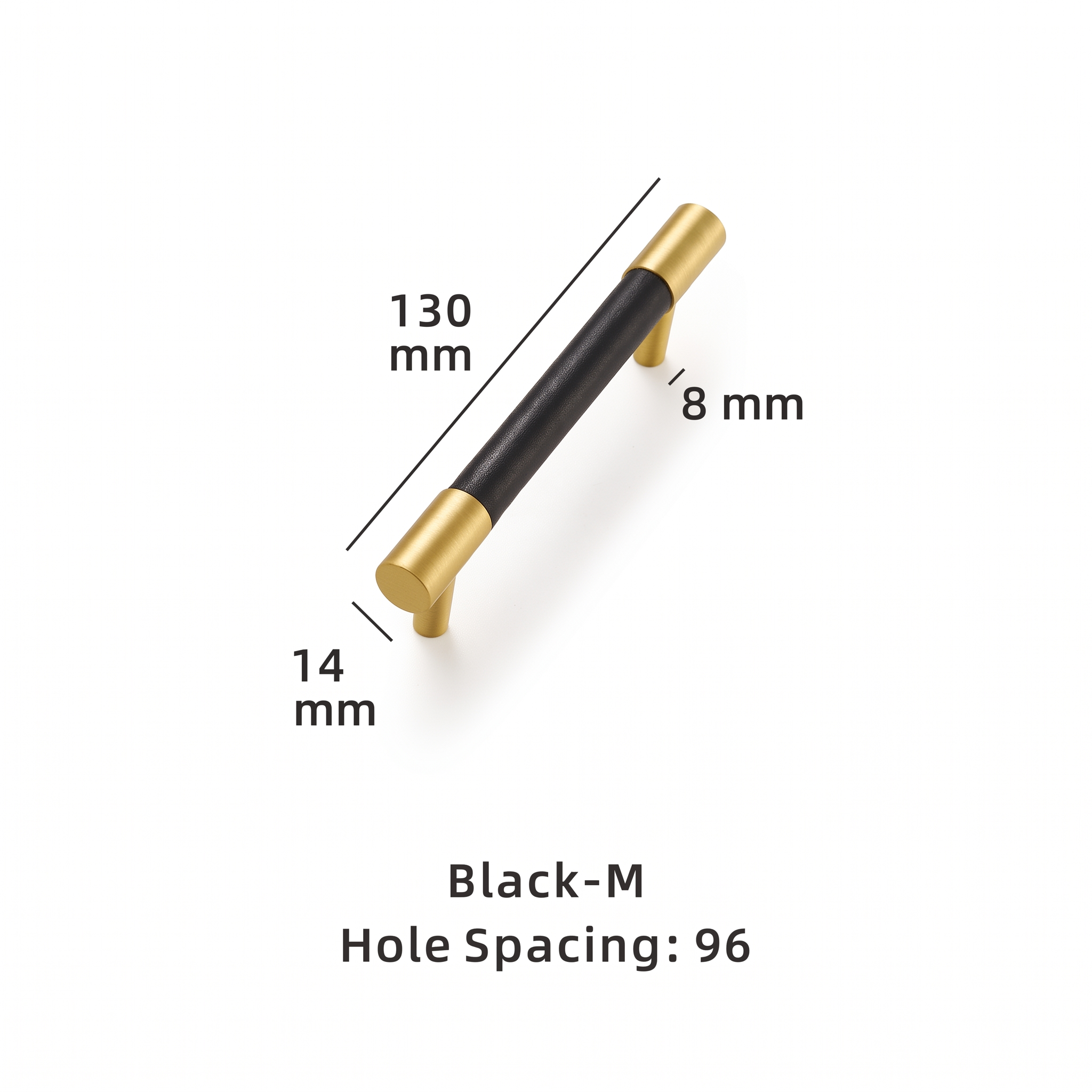 Swansea leather-wrapped brass cabinet handle dimensions in millimetres on a plain white background