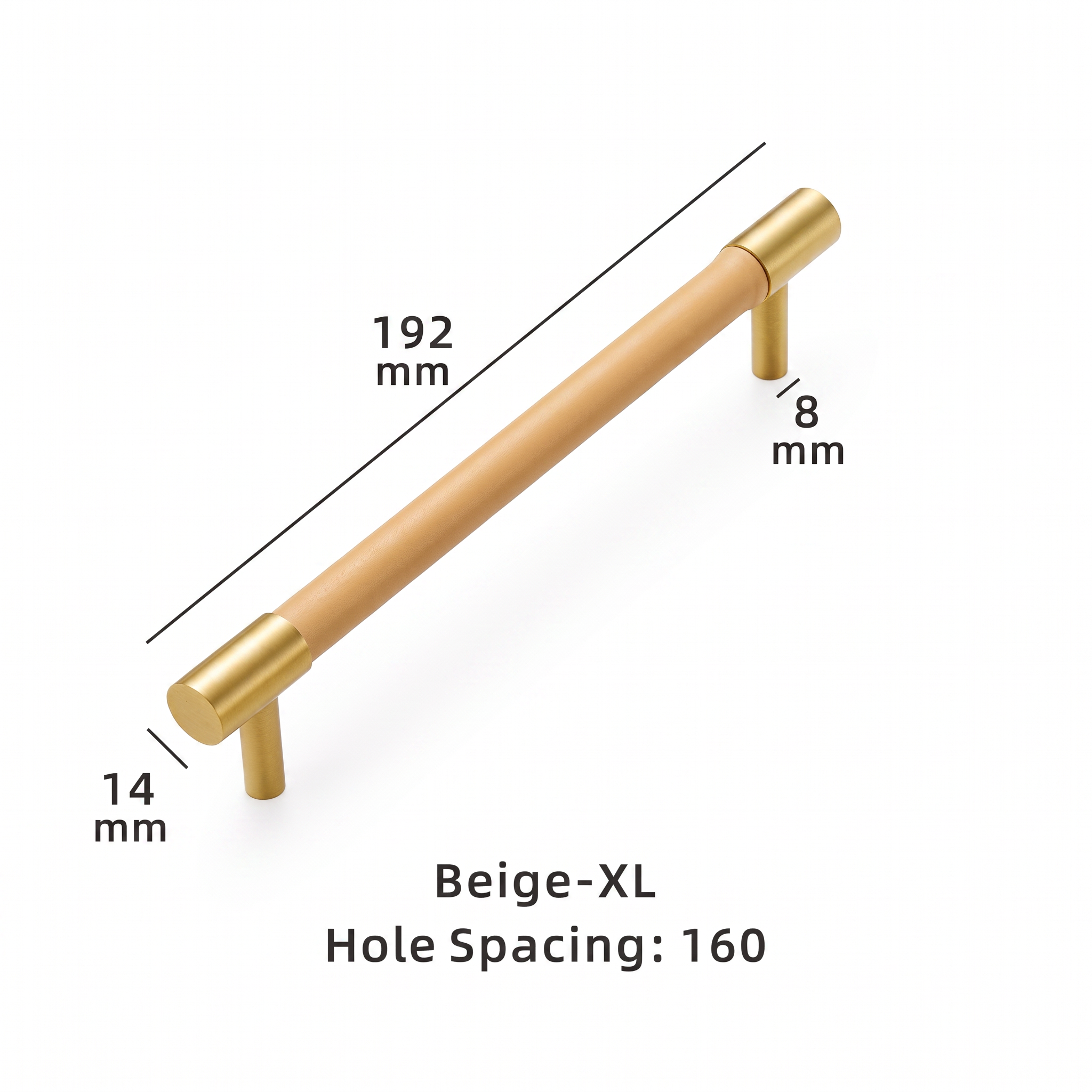 Swansea leather-wrapped brass cabinet handle dimensions in millimetres on a plain white background