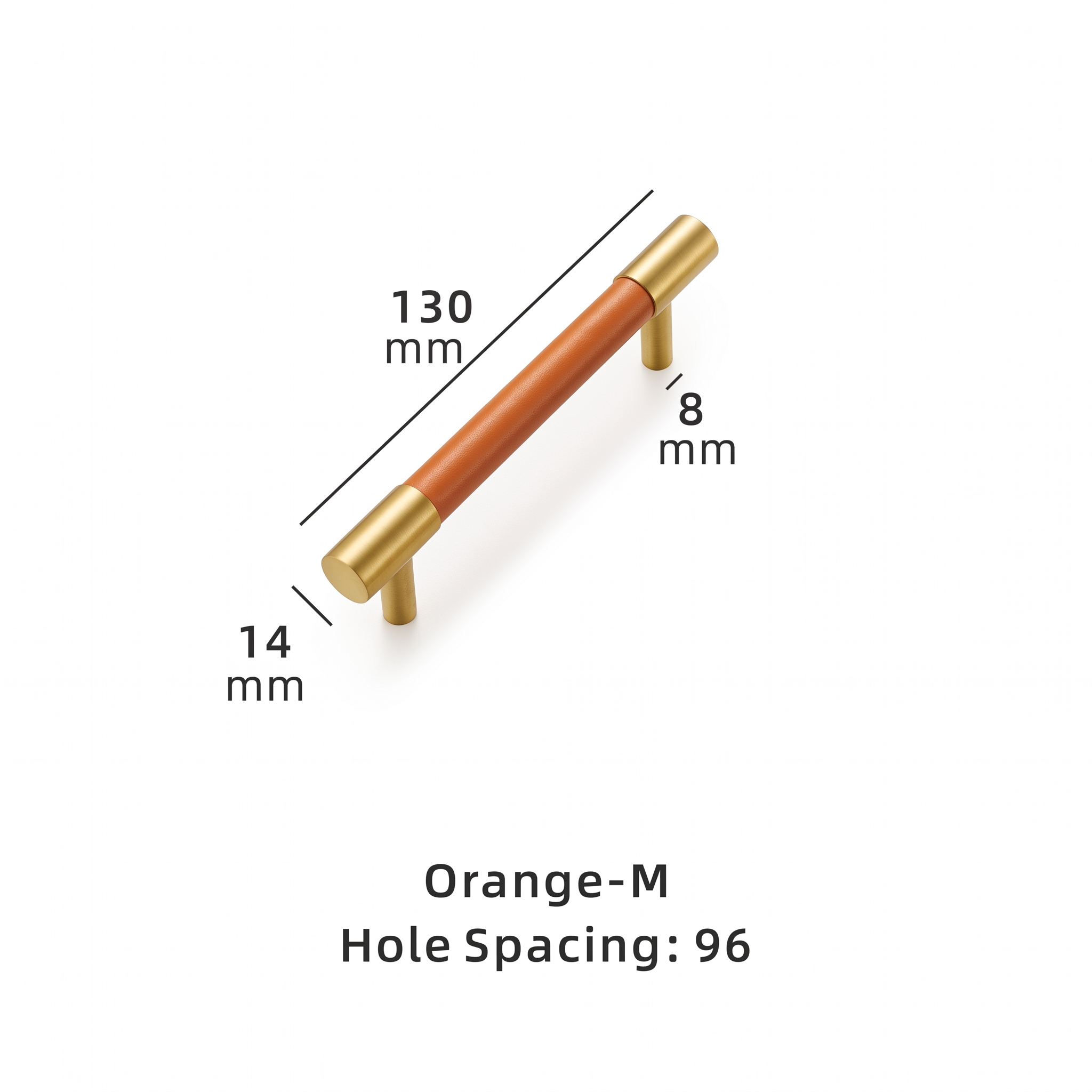 Swansea leather-wrapped brass cabinet handle dimensions in millimetres on a plain white background
