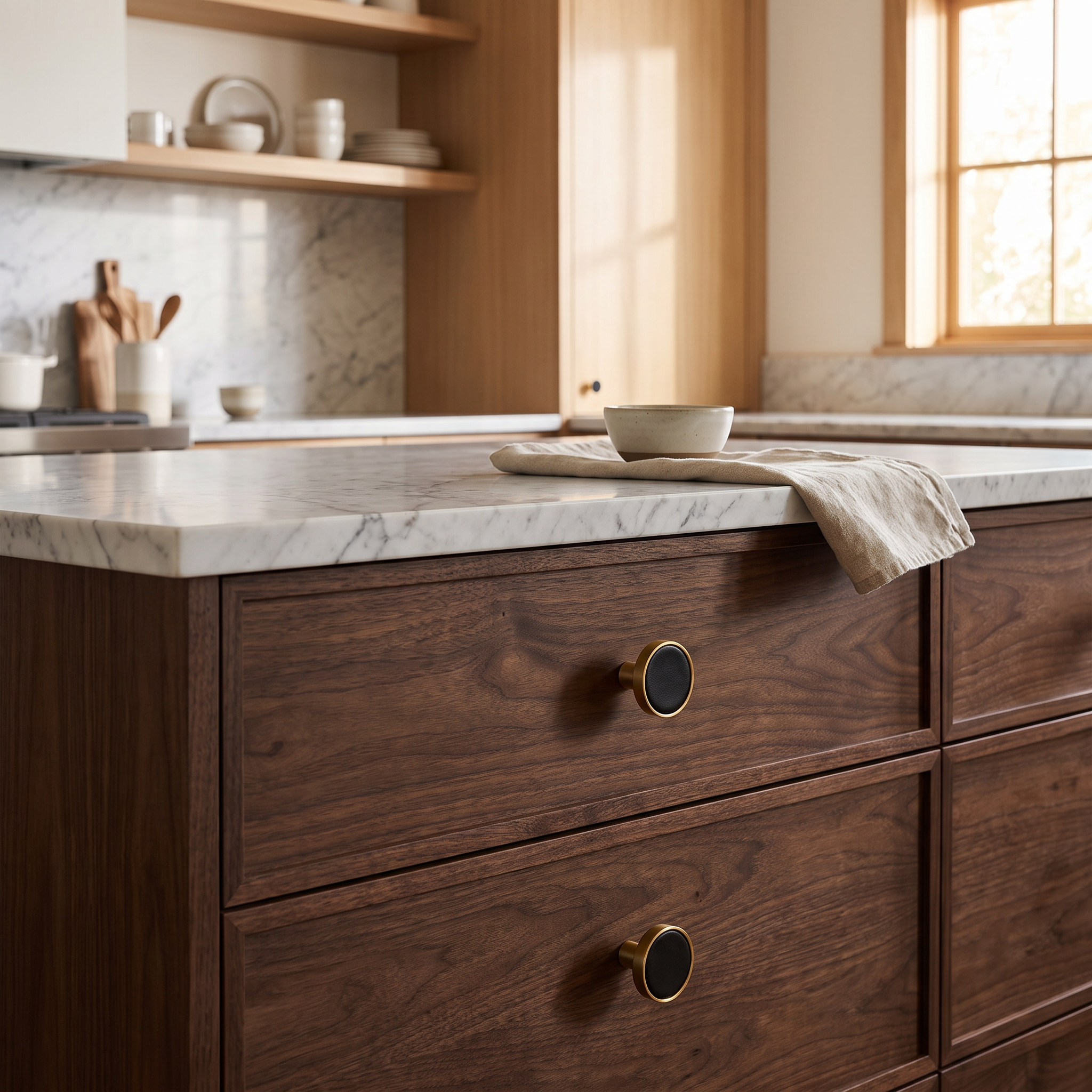 Swansea leather-wrapped brass cabinet handles on a kitchen island