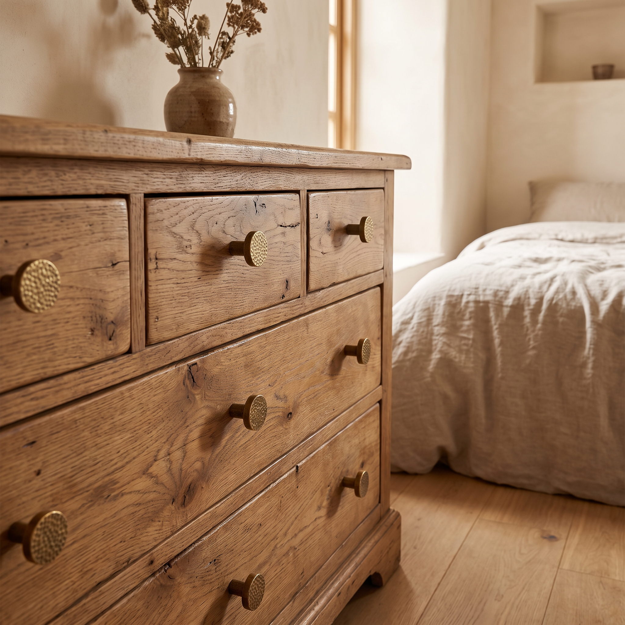 Trigg textured brass drawer knobs on an oak bedroom dresser