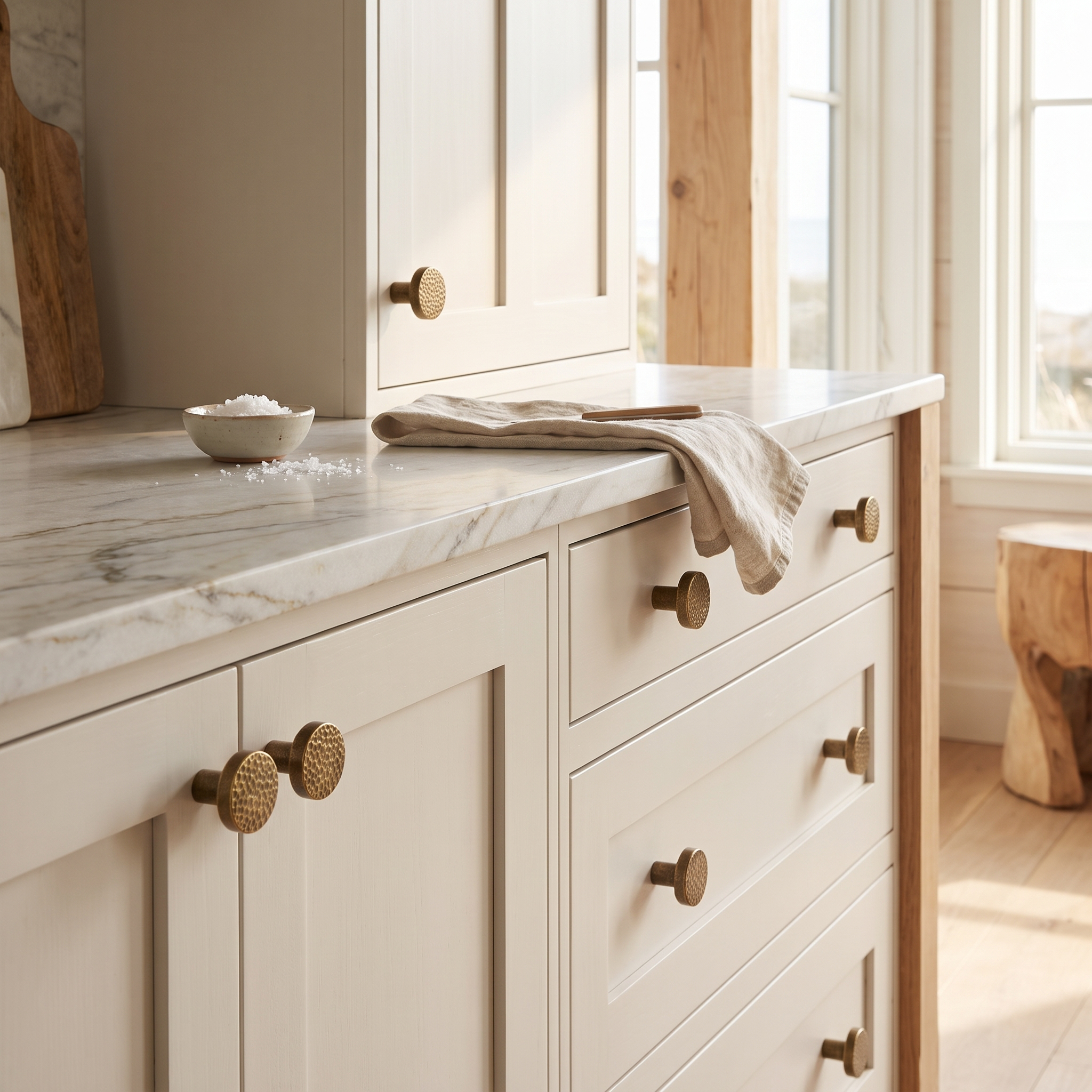 Trigg textured brass drawer knobs on pale kitchen cabinetry