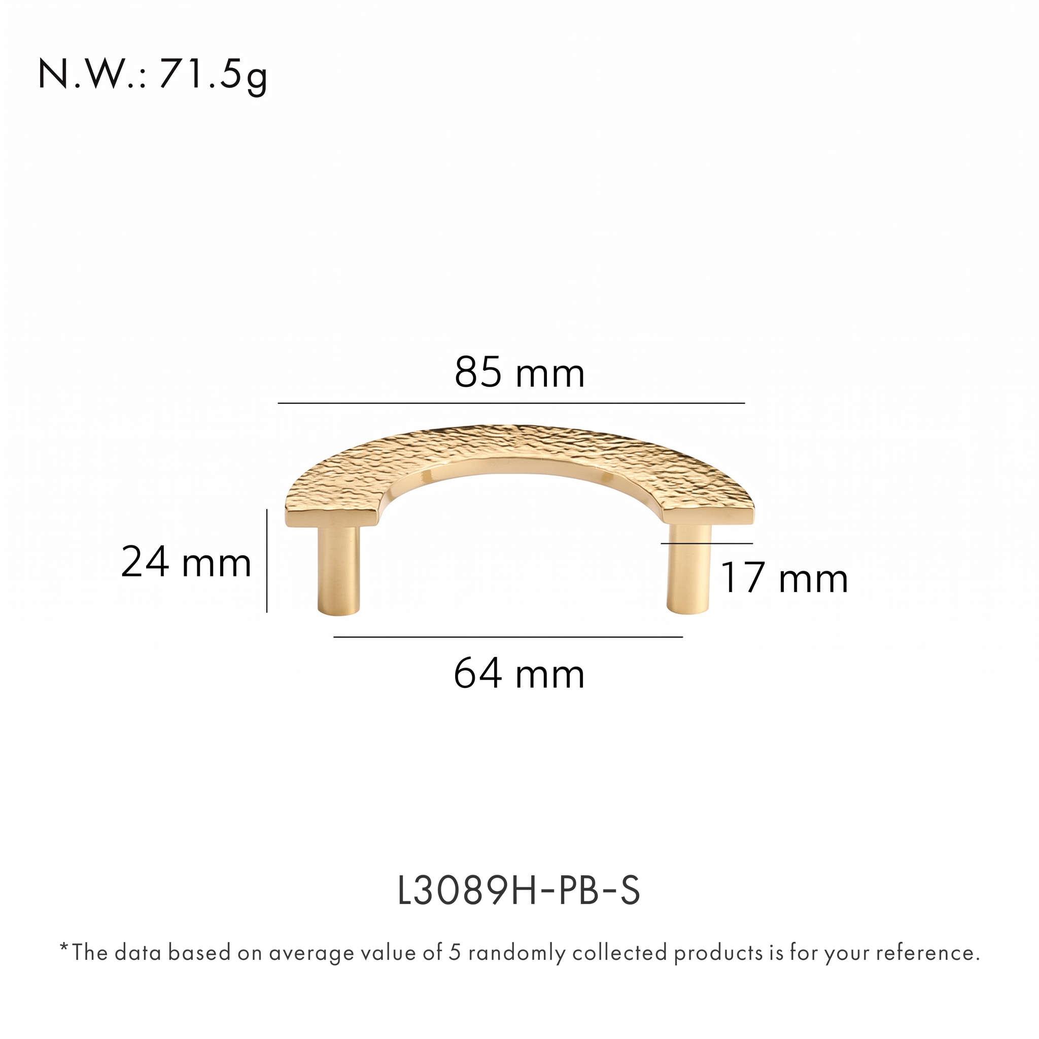 Trigg textured brass drawer handle dimensions in millimetres on a plain white background