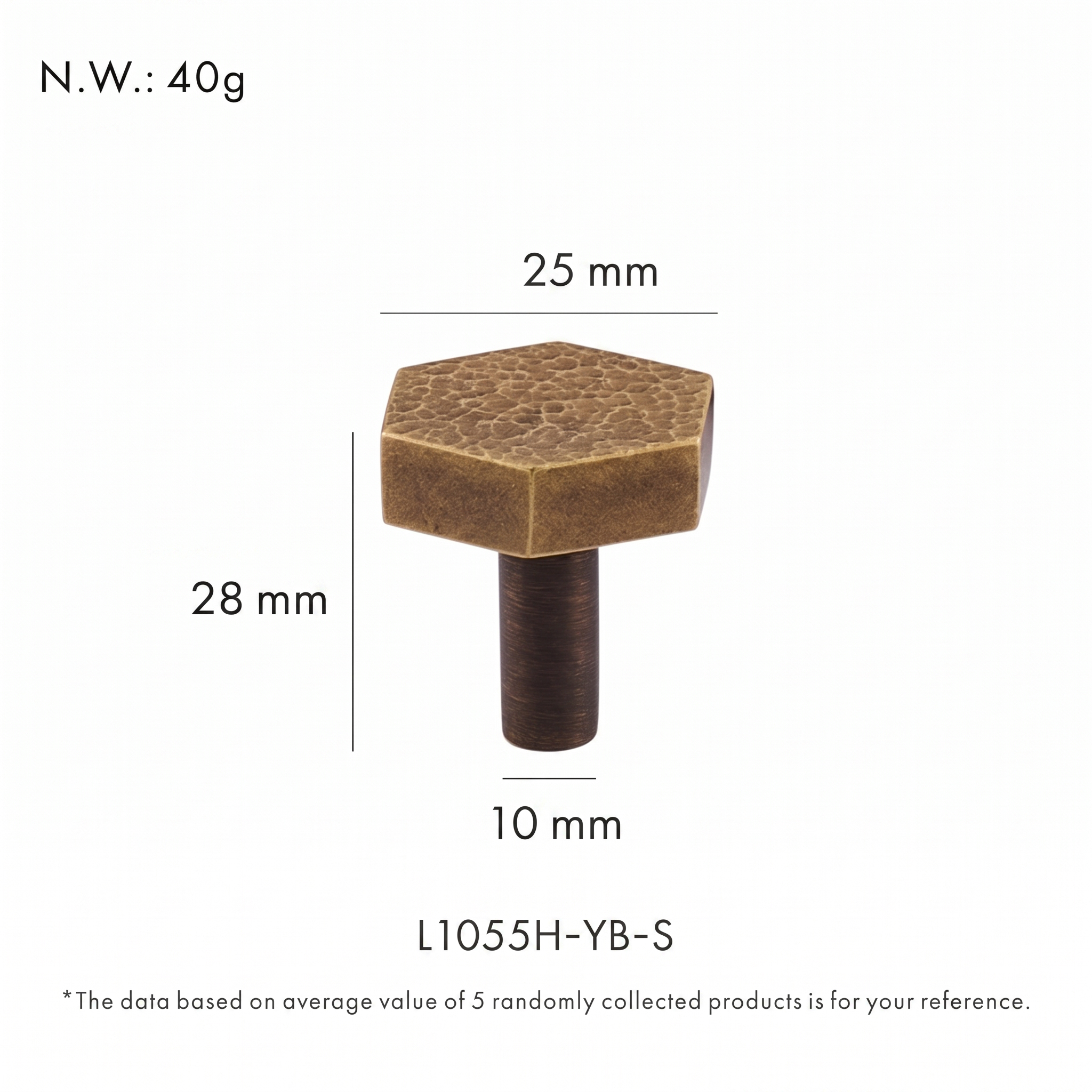 Trigg textured brass drawer knob dimensions in millimetres on a plain white background