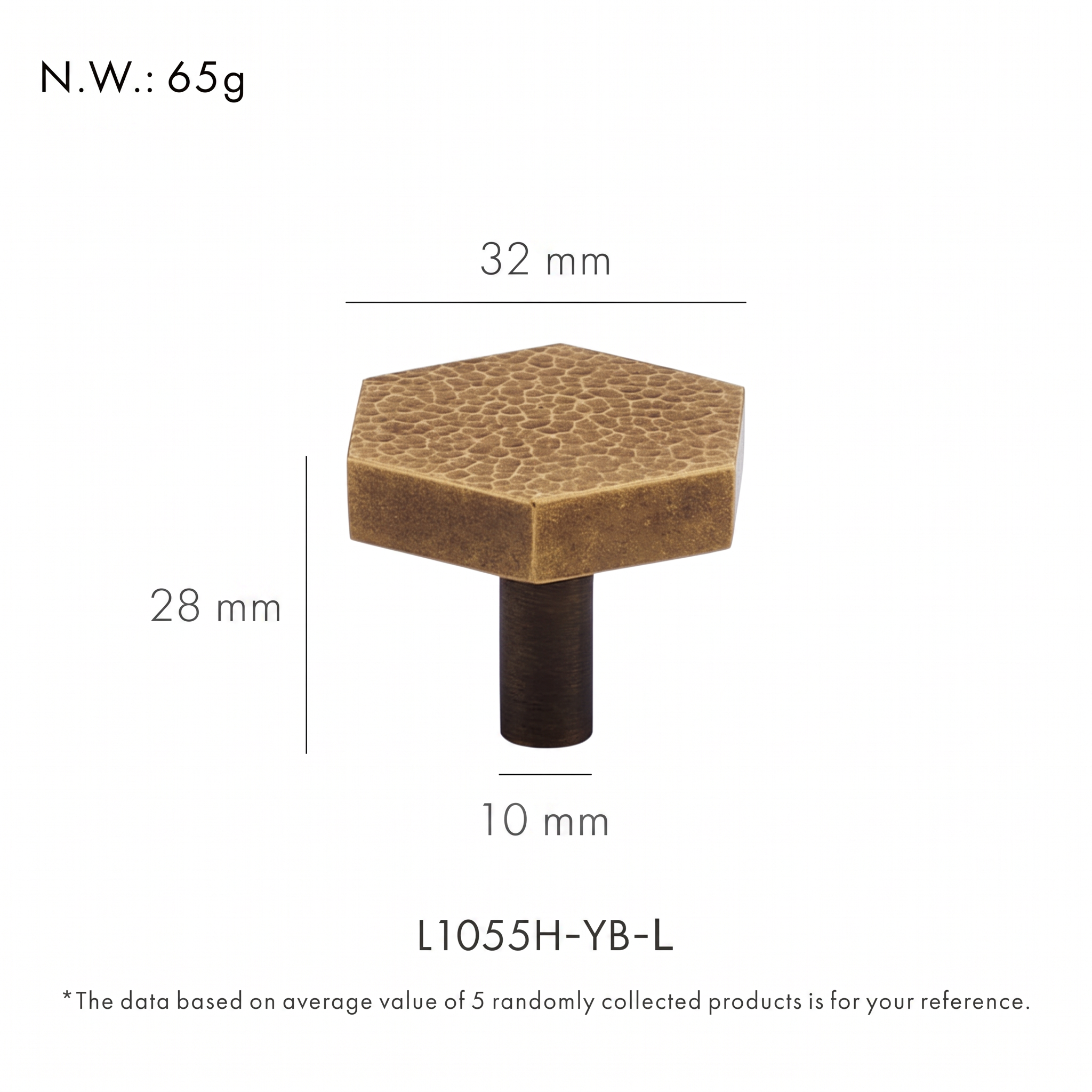 Trigg textured brass drawer knob dimensions in millimetres on a plain white background