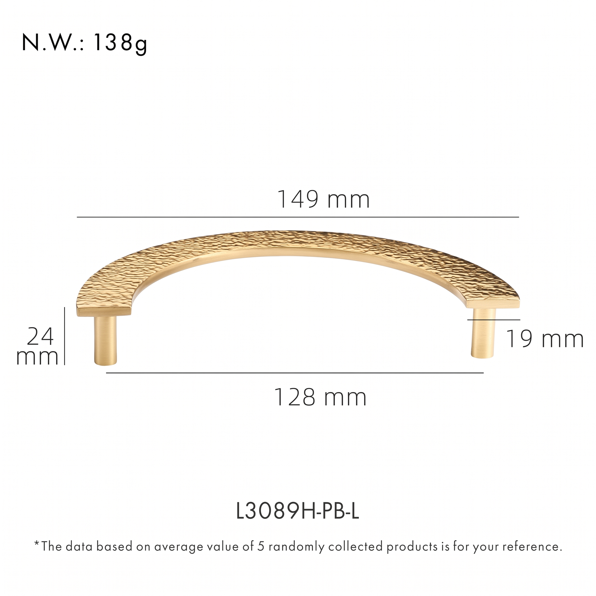 Trigg textured brass drawer handle dimensions in millimetres on a plain white background