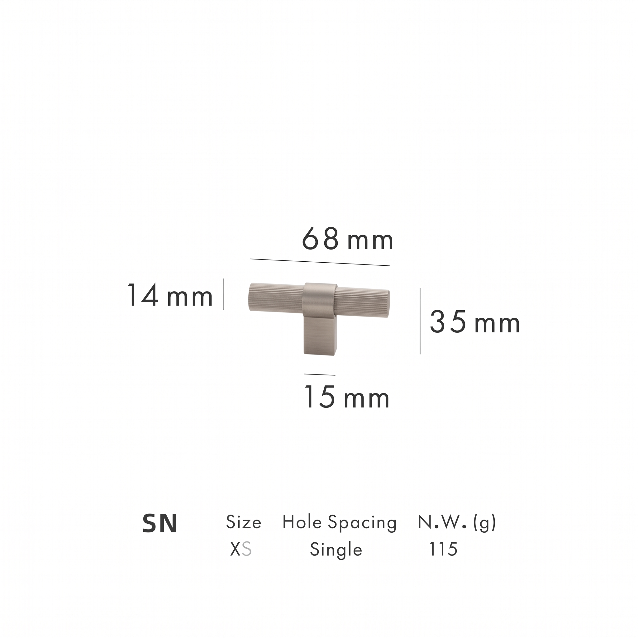 Tugun knurled brass cabinet handle dimensions in millimetres on a plain white background