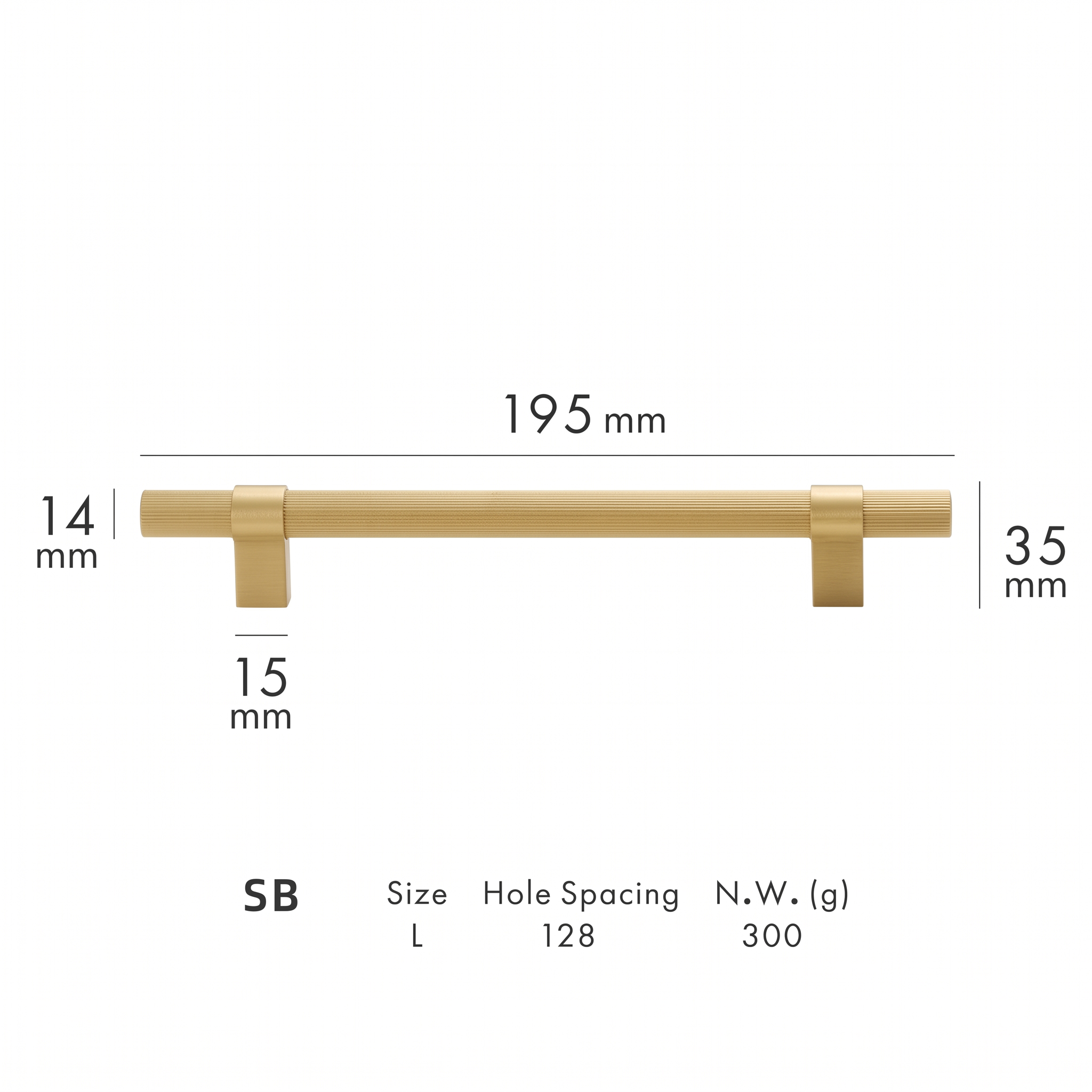 Tugun knurled brass cabinet handle dimensions in millimetres on a plain white background