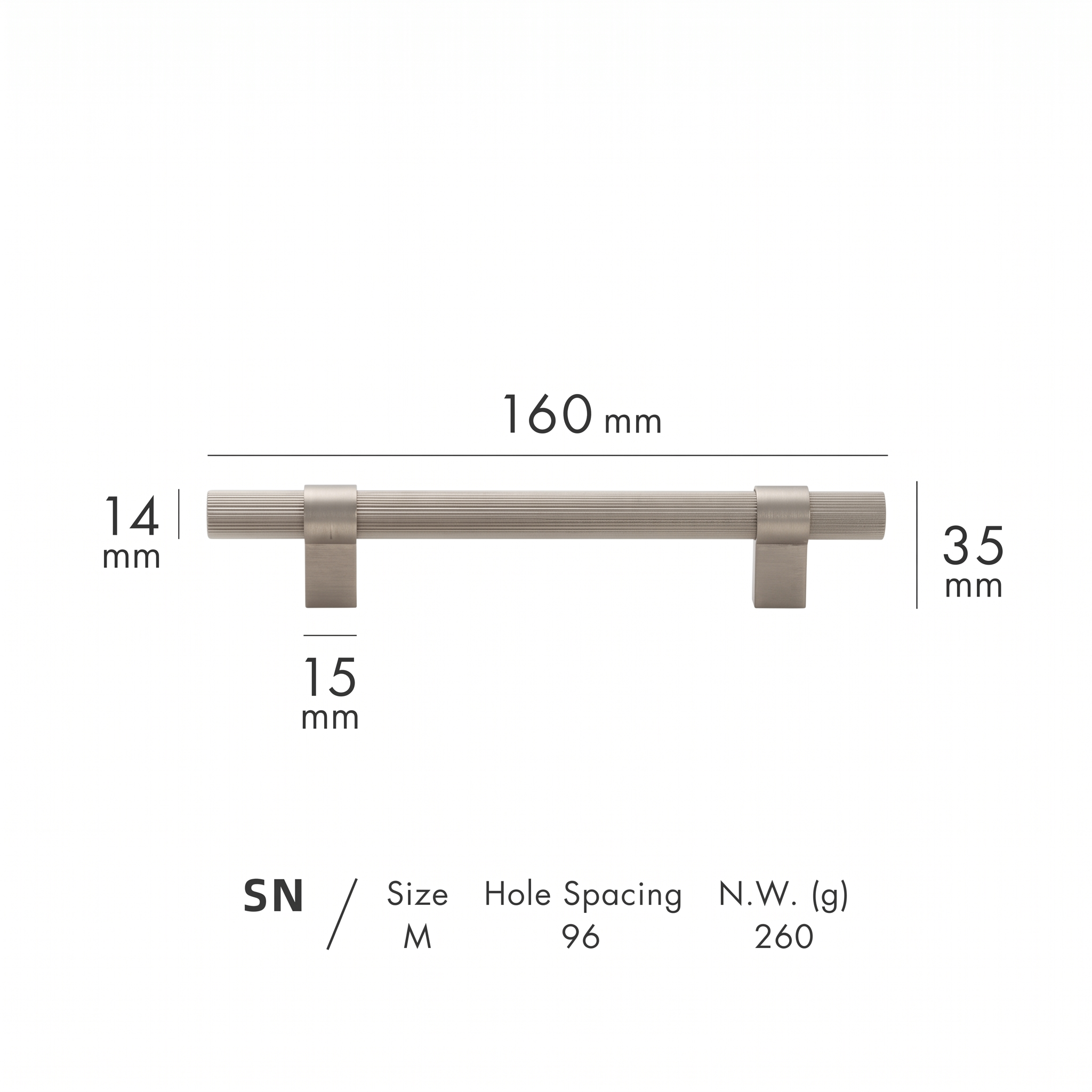 Tugun knurled brass cabinet handle dimensions in millimetres on a plain white background
