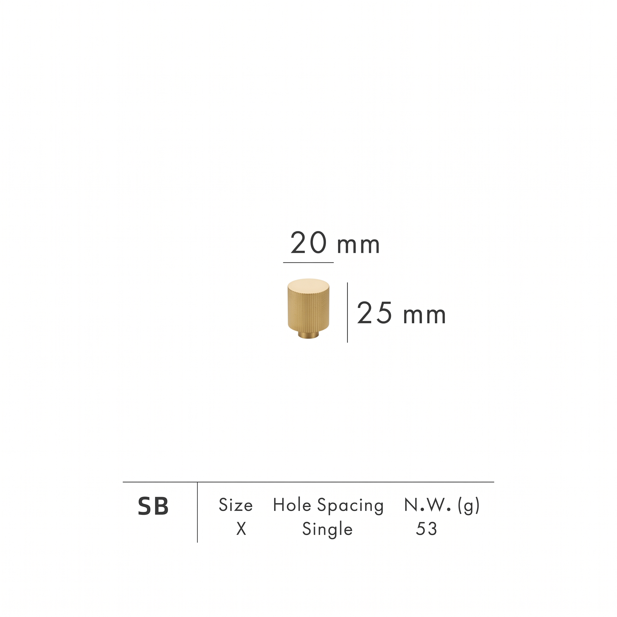 Tugun knurled brass cabinet knob dimensions in millimetres on a plain white background