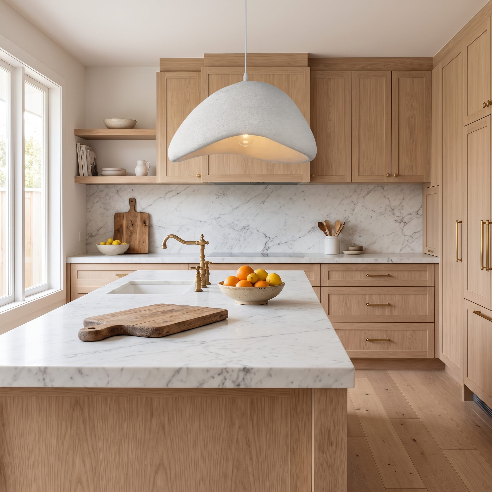 Uluwatu resin pendant light above a marble kitchen island